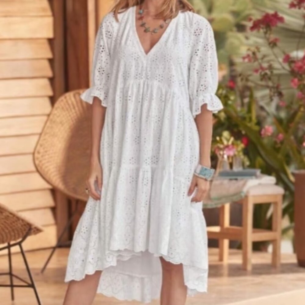 Sundance Jasmine White Eyelet V-Neck Half Sleeve Midi Dress, Small